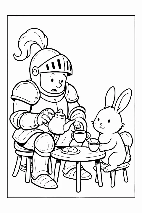 A funny knight in shiny armor pouring tea for a bunny rabbit in this knight tea party coloring page.