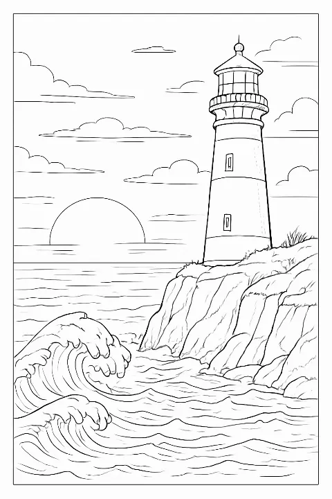 A detailed coastal sunset coloring page featuring a lighthouse and crashing waves.