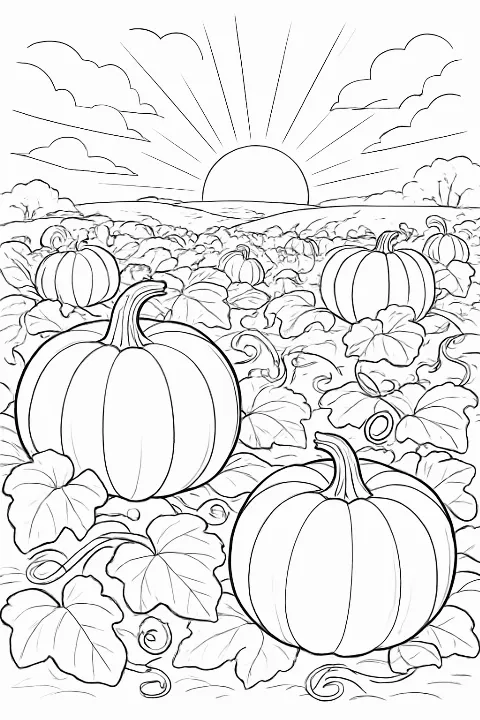 Detailed pumpkin patch coloring page with large pumpkins and vines.