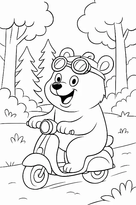 A happy bear wearing goggles riding a small bike on this fun motorcycle coloring page.