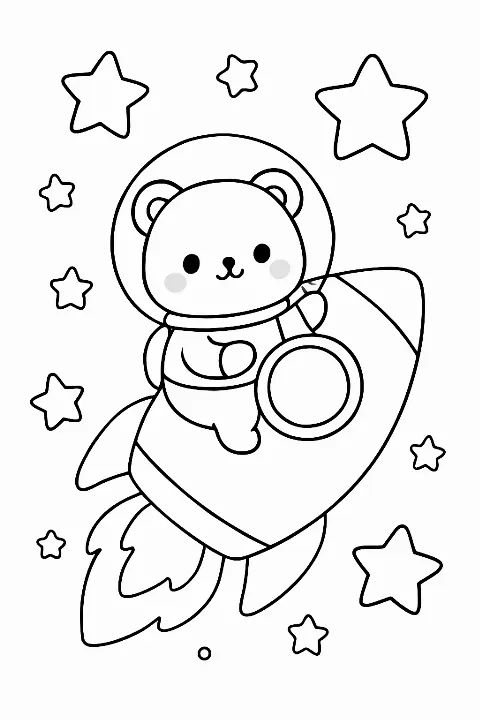 A cute bear pilot inside a friendly rocket ship for an astronaut rocket coloring page.