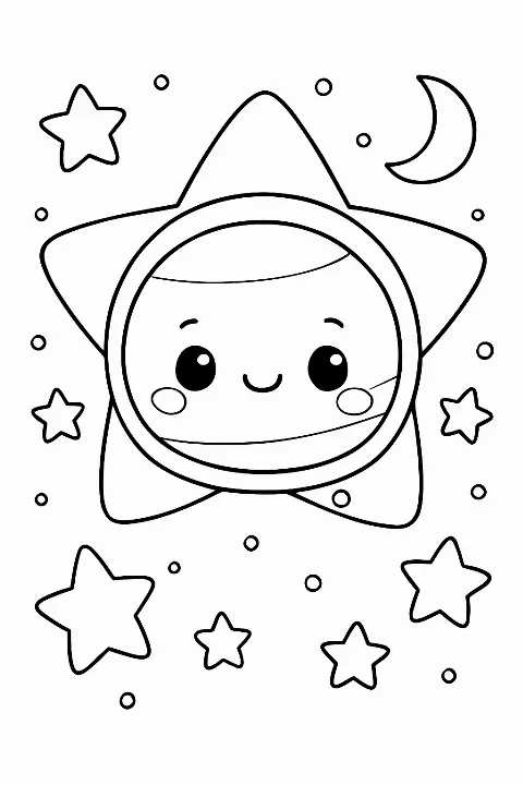 A smiling planet in an astronaut helmet on a cute planet coloring page for kids and adults.