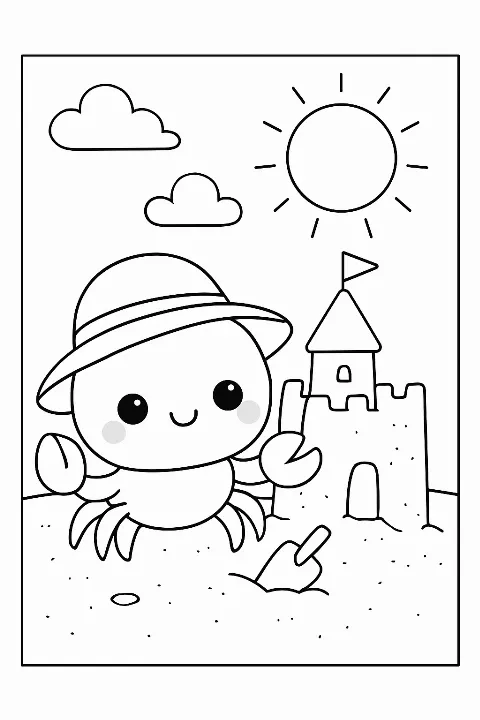 A happy kawaii crab building a sandcastle on a sunny beach, cute crab coloring page.