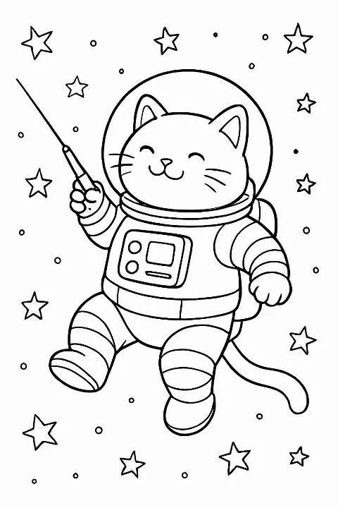 A happy cat astronaut floating among stars on a printable cat astronaut coloring page.