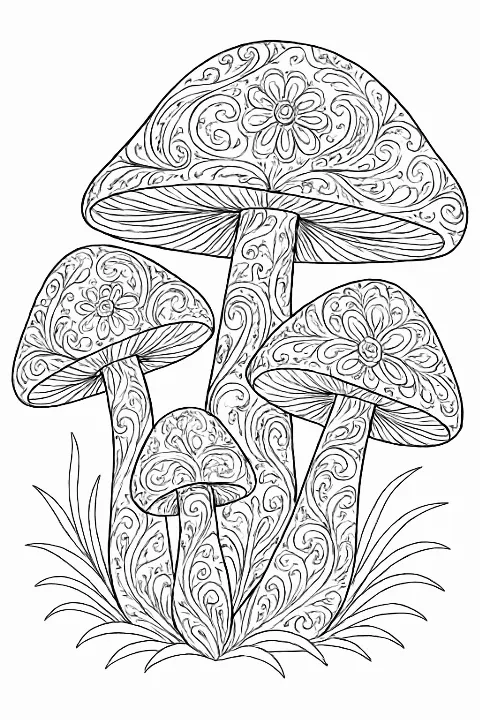 Highly detailed magical mushroom coloring page with intricate paisley and floral patterns.