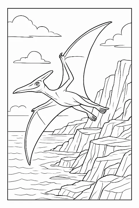 Detailed realistic pterodactyl coloring page featuring a soaring prehistoric reptile over ocean cliffs.