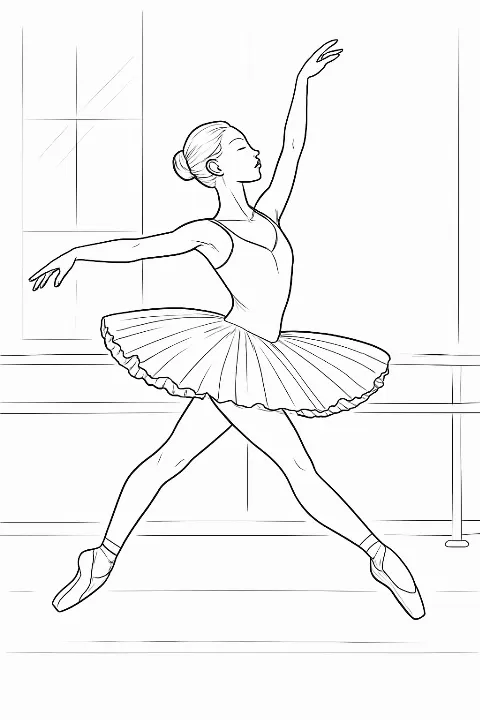 A beautiful ballerina in a mid-leap pose featured on a high-quality ballet dancer coloring page.