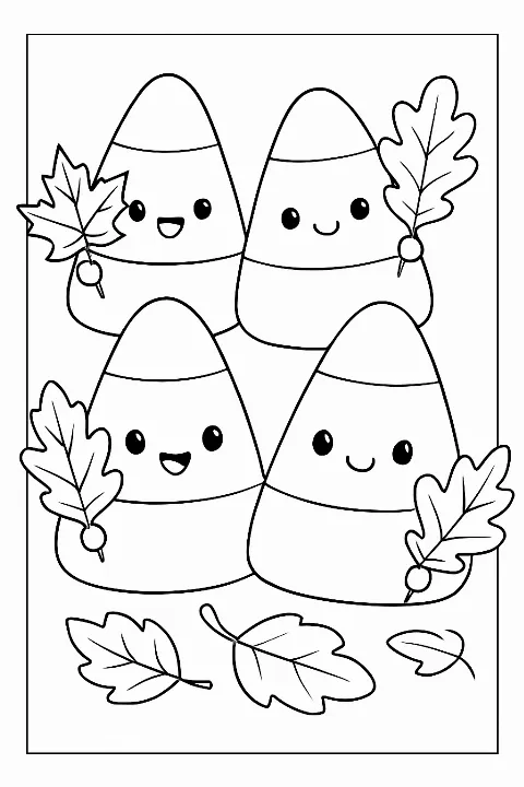 A cute candy corn coloring page featuring friendly characters holding autumn leaves.