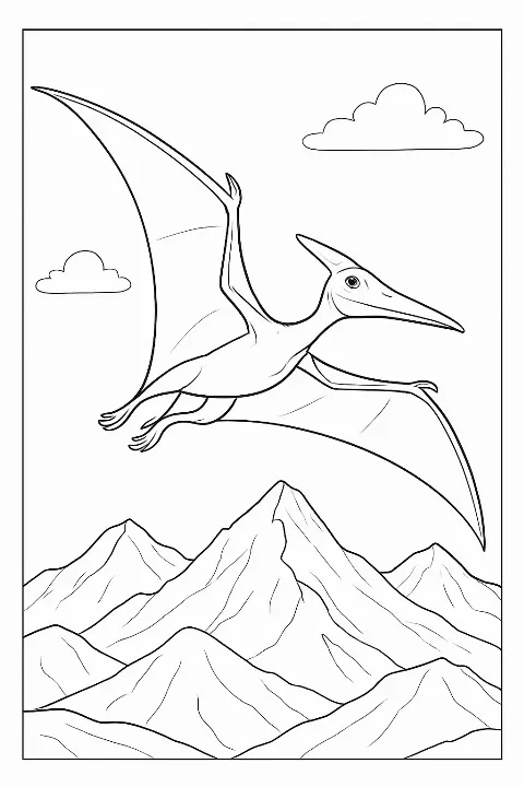 Detailed pterodactyl coloring page showing a flying reptile over a scenic mountain landscape