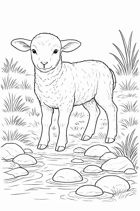 A realistic lamb standing near a quiet stream, featured in a lamb by the stream coloring page.