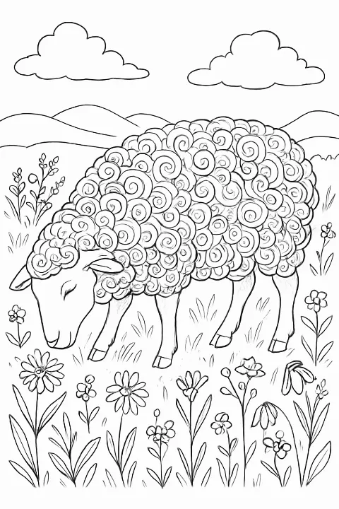 A detailed sheep in meadow coloring page featuring elegant floral patterns and clean line art for all ages.