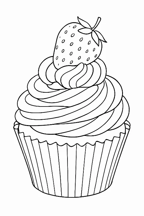 A detailed gourmet cupcake coloring page featuring fresh fruit toppings and swirling frosting patterns.