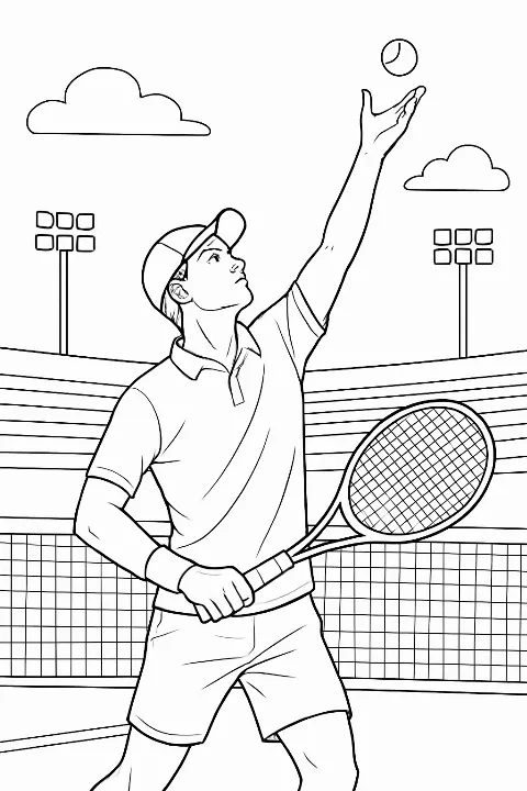 A realistic tennis match coloring page featuring a player serving the ball.