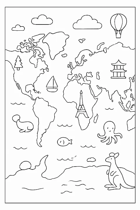 A detailed world map coloring page featuring continents and cute landmarks for creative kids and adults.