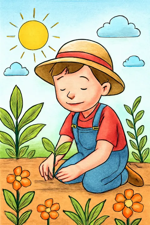 Coloring example - Cute Boy Gardening Coloring Page