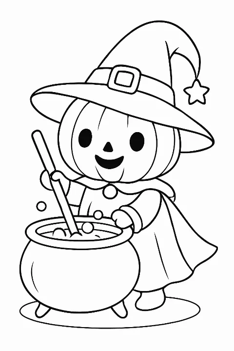 A cute pumpkin wearing a wizard hat and stirring a cauldron for a cute halloween coloring page.