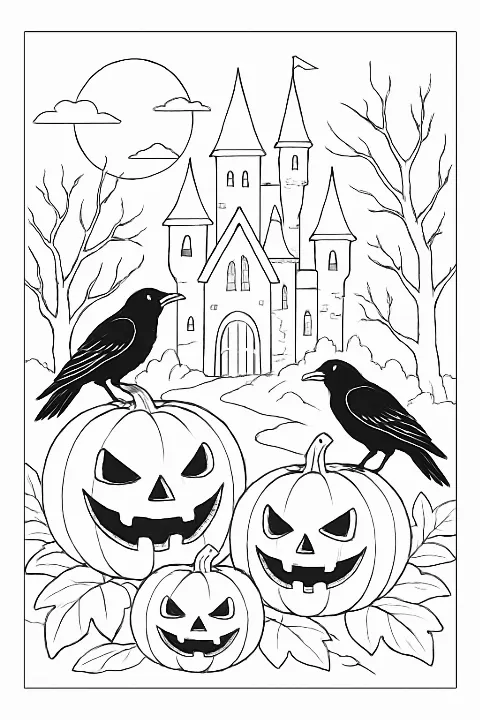 A spooky Halloween scene featuring a castle, pumpkins, and crows—maximum creepiness. coloring page