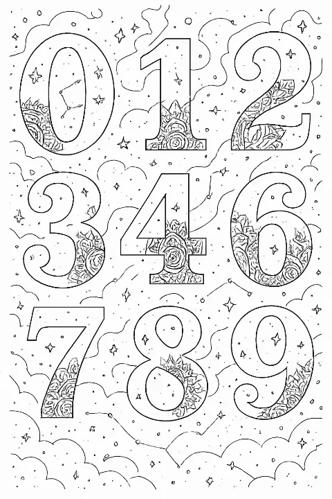 Detailed celestial numbers coloring page featuring stars and cosmic patterns.