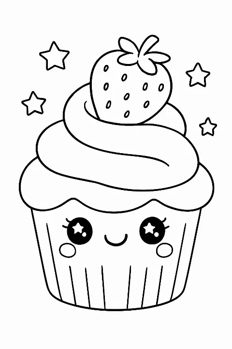A cute smiling cupcake illustration on a kawaii cupcake coloring page.