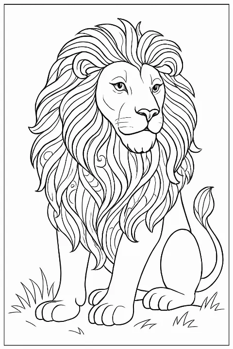 A detailed majestic lion coloring page with a thick, flowing mane and clean lines.