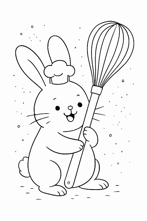 A cute rabbit baker wearing a chef hat and holding a whisk on a rabbit baker coloring page.
