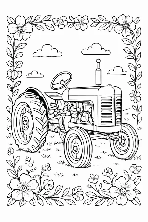 A detailed vintage farm tractor coloring page set in a peaceful countryside landscape.