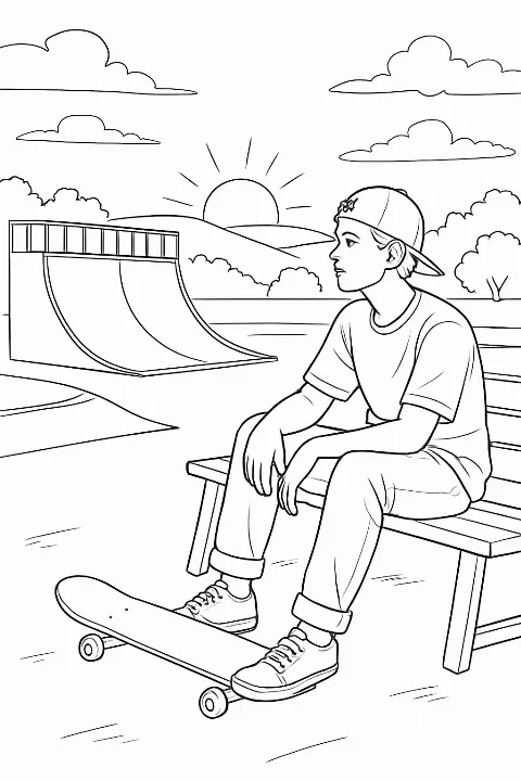 A detailed skateboard park coloring page featuring a skater sitting by a ramp at sunset.