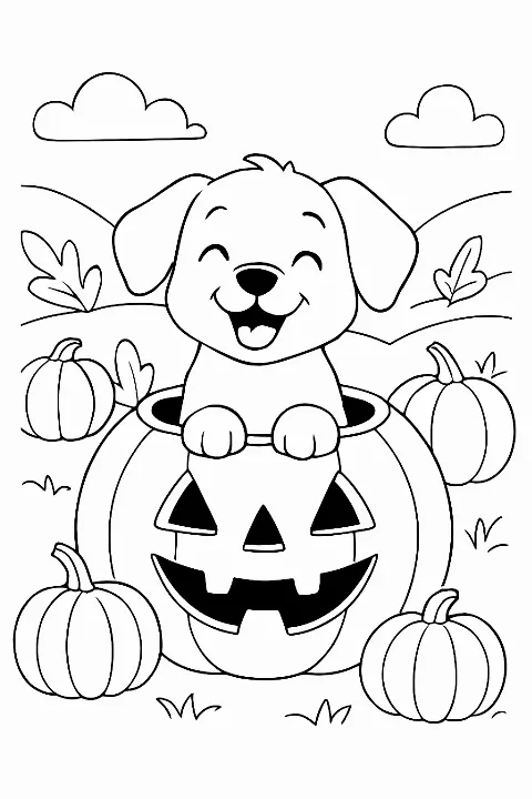 A cute puppy sitting inside a jack-o'-lantern on a pumpkin patch coloring page