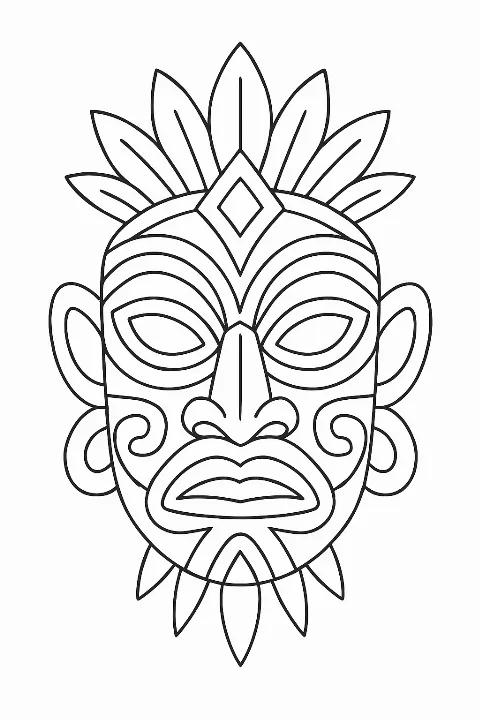 A creative tribal mask coloring page featuring geometric patterns and clear black and white outlines.