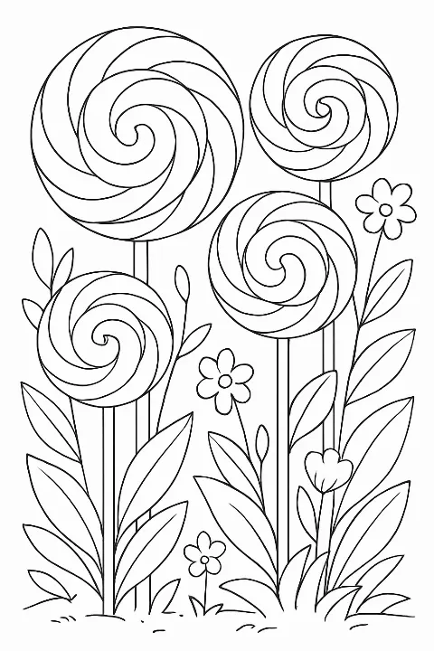 A detailed lollipop garden coloring page featuring large swirled candies as flower blossoms.