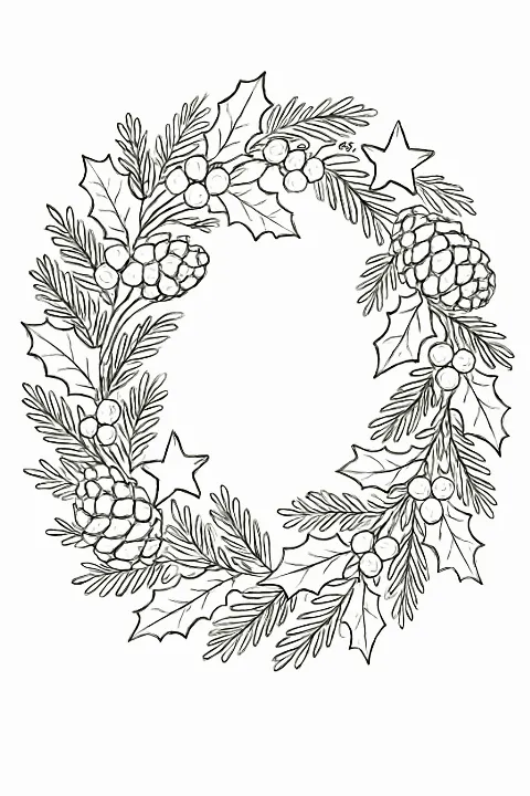A detailed festive holiday wreath coloring page with pine cones and berries.