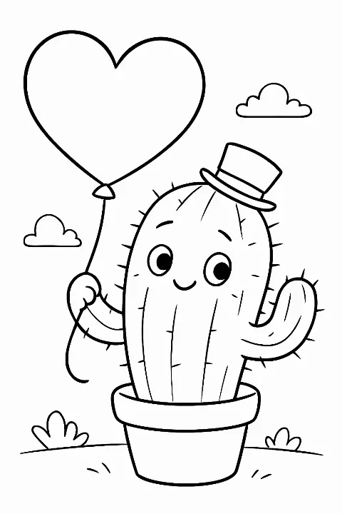 A shy cactus holding a heart balloon in this cute cactus valentine coloring page.