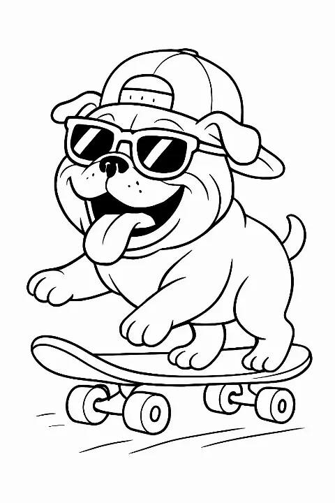 A happy bulldog wearing sunglasses and a cap on a skateboard in this fun skating dog coloring page.