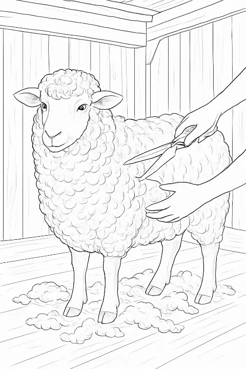 A realistic sheep shearing coloring page featuring a fluffy sheep inside a rustic barn setting.