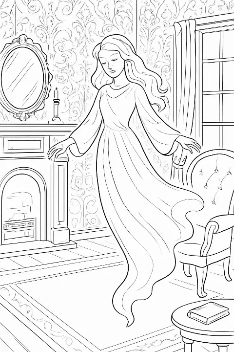 A detailed Victorian ghost mansion coloring page featuring a graceful spirit in a parlor.