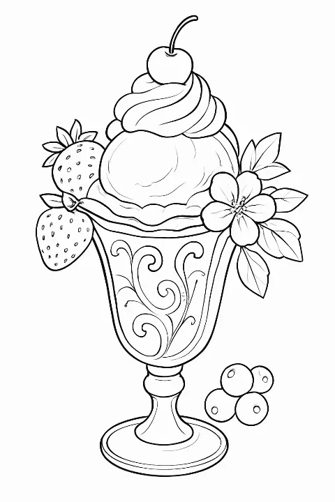 A detailed gourmet sundae coloring page with floral accents and clean lines for a sophisticated art project.