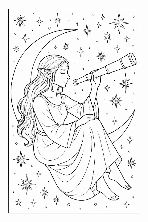 Detailed celestial elf astronomer coloring page featuring a magical elf perched on a crescent moon.