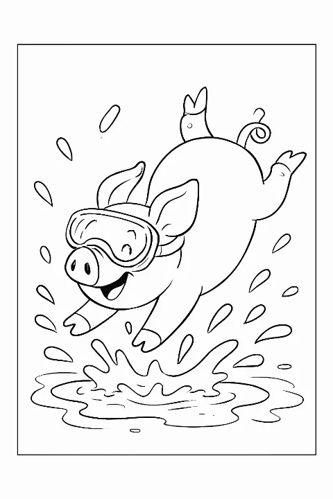 A happy pig wearing goggles jumping into a mud puddle, shown on a diving pig coloring page.