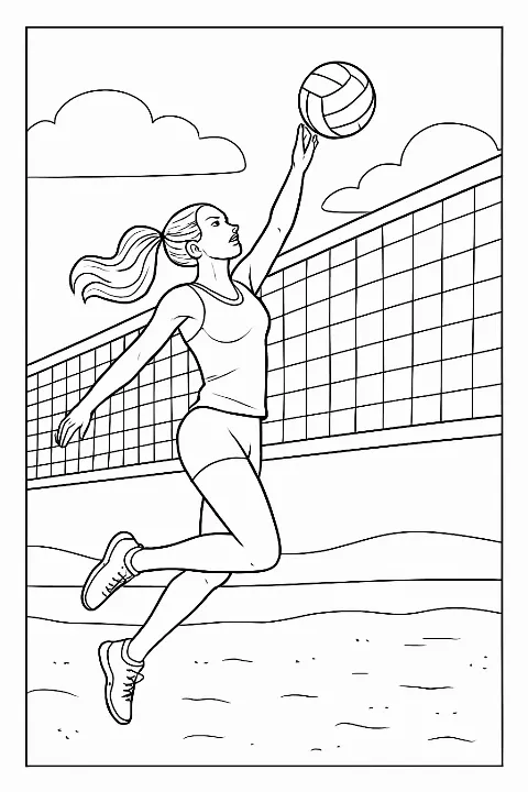 A professional volleyball player jumping to spike the ball in this detailed volleyball coloring page.