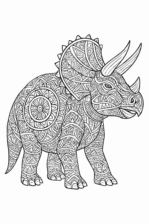 Detailed geometric triceratops coloring page with intricate mandala patterns for advanced coloring.