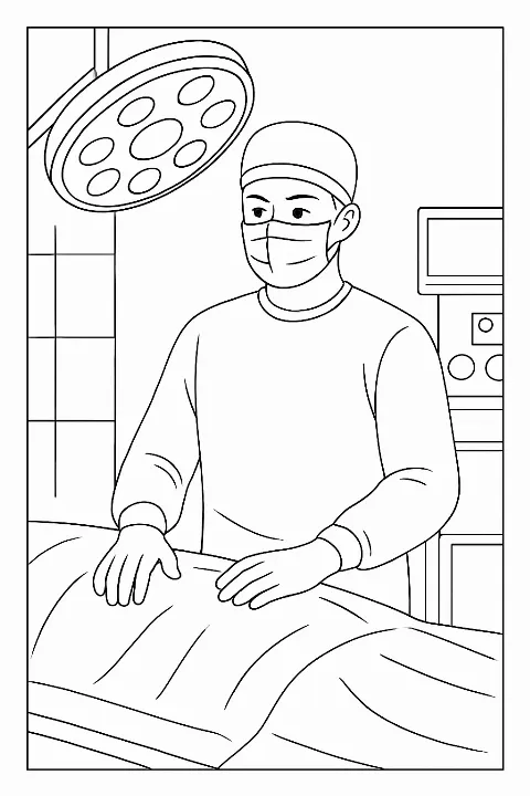 A detailed surgeon coloring page featuring a medical professional in a surgical setting with clean lines.