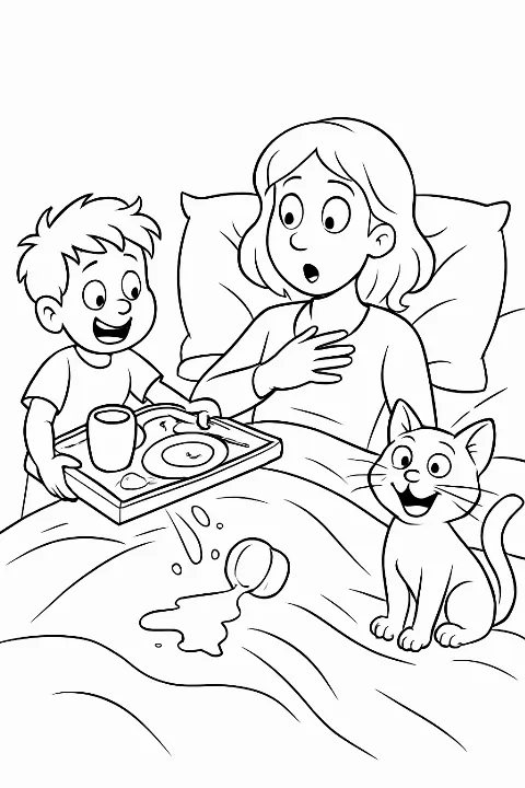 A humorous breakfast in bed scene for a fun Mother's Day coloring page.