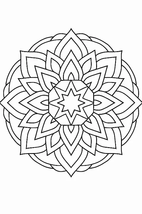 A symmetrical star geometric mandala coloring page with clean bold lines.