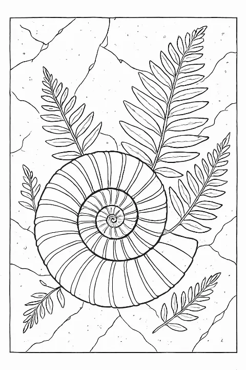 A detailed dinosaur fossil nature coloring page featuring fern leaves and an ammonite shell.