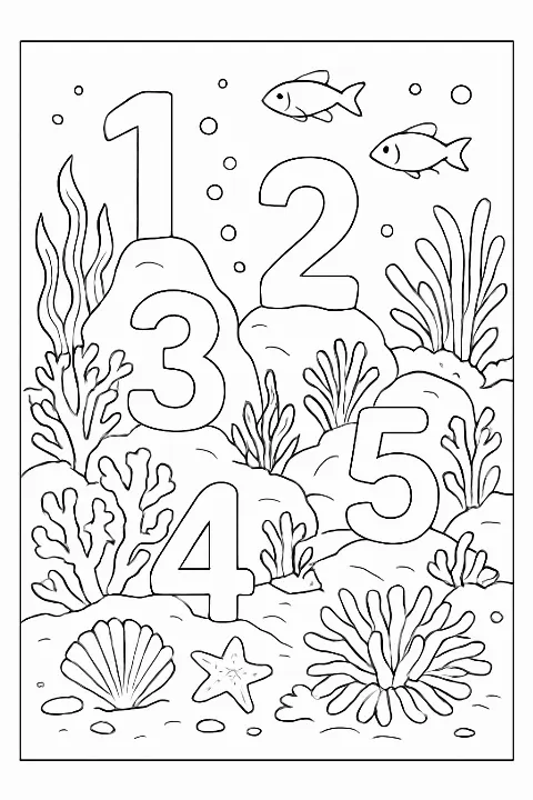A detailed ocean numbers coloring page featuring coral reef creatures and hidden numbers to color.