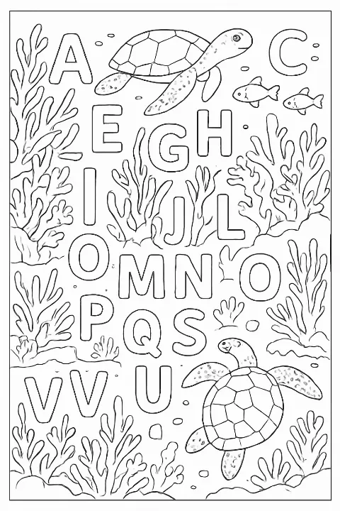 Detailed alphabet underwater coloring page featuring letters hidden among friendly sea creatures.