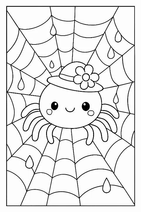 A cute spider wearing a flower hat in a garden on a clean, simple cute spider coloring page.