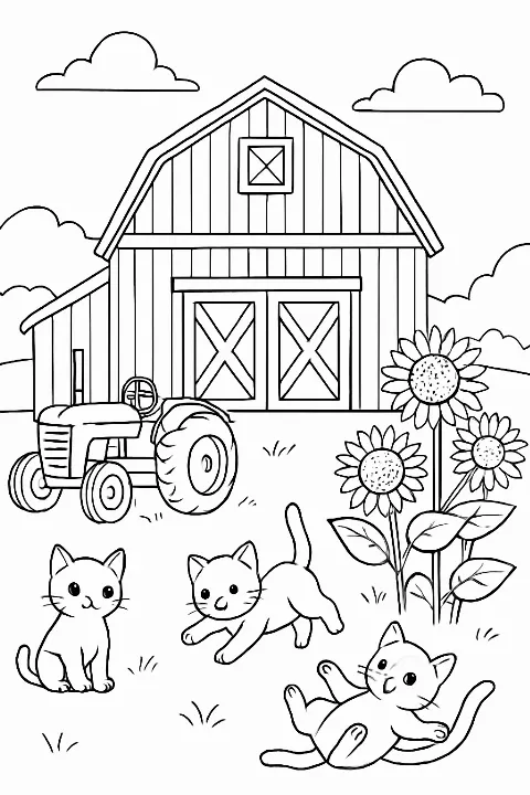 A peaceful countryside scene featuring a rustic barn on a farm coloring page.