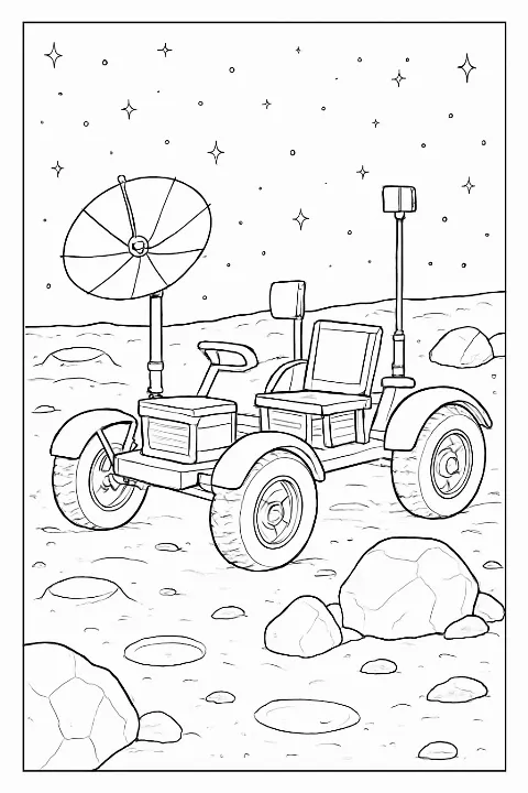 A detailed lunar rover exploration coloring page showing a realistic rover on the surface of the moon.