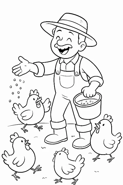 A cheerful farmer surrounded by silly chickens in this farmer feeding chickens coloring page.